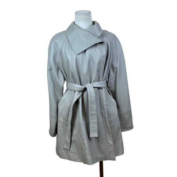 David 2 Women's Gray Genuine Leather Belted Jacket Wide Collar Coat Sz 40 - Picture 1 of 9